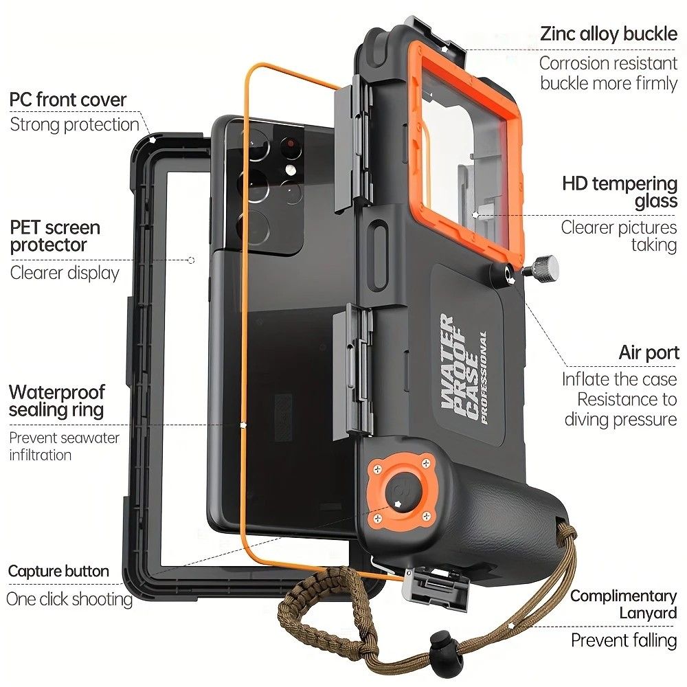 15m Waterproof Phone Case for Diving & Surfing - 1 Hour Underwater Shooting, Dual Seal, Zinc Alloy Buckle, Fits iPhone Samsung Xiaomi up to 6.9 Inch(yellow+black) - Image 5