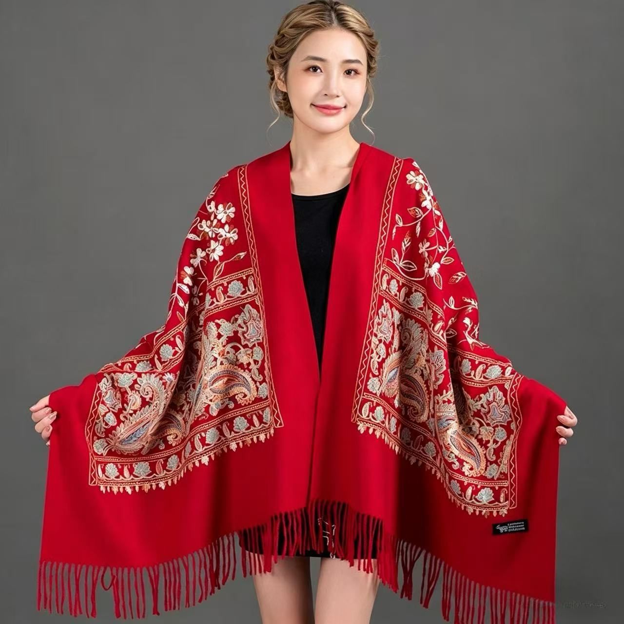 European-American Style Auspicious Embroidered Shawl Scarf, High-End Autumn & Winter Warm Outfit(WHITE) - Image 7