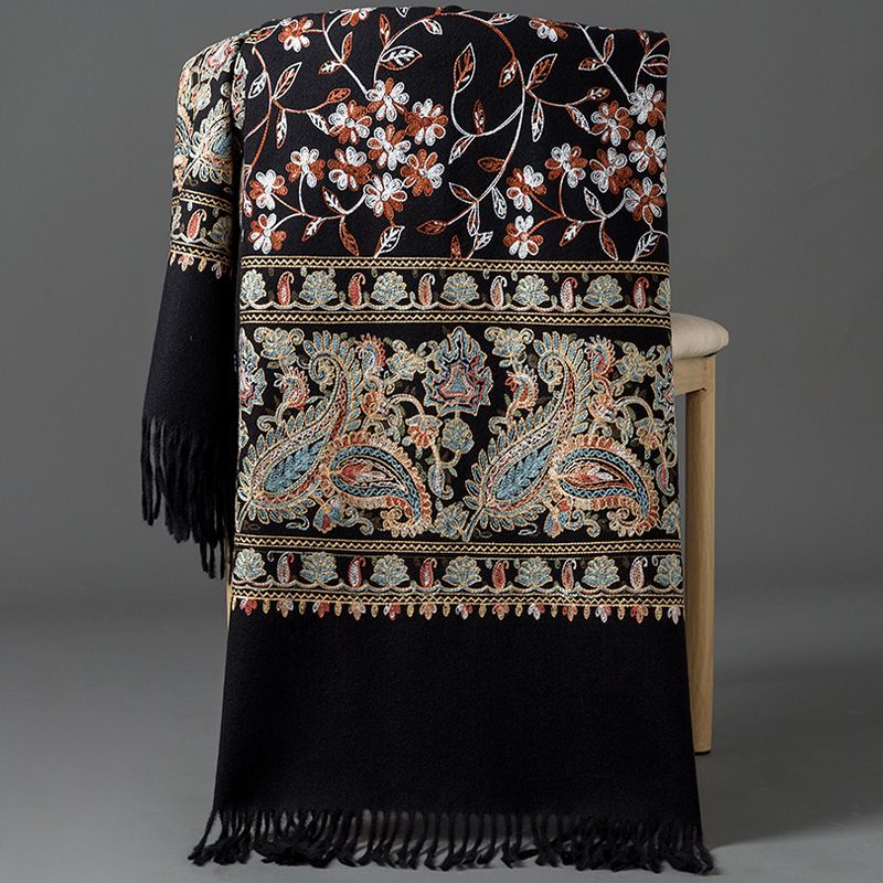 European-American Style Auspicious Embroidered Shawl Scarf, High-End Autumn & Winter Warm Outfit(black) - Image 1