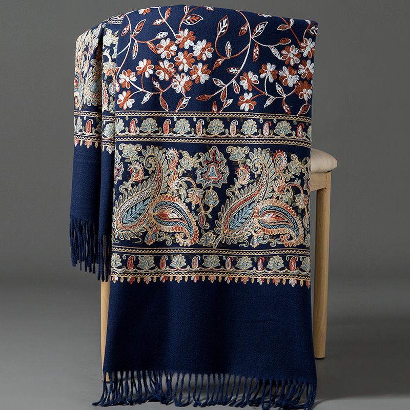 European-American Style Auspicious Embroidered Shawl Scarf, High-End Autumn & Winter Warm Outfit(navy blue) - Image 1