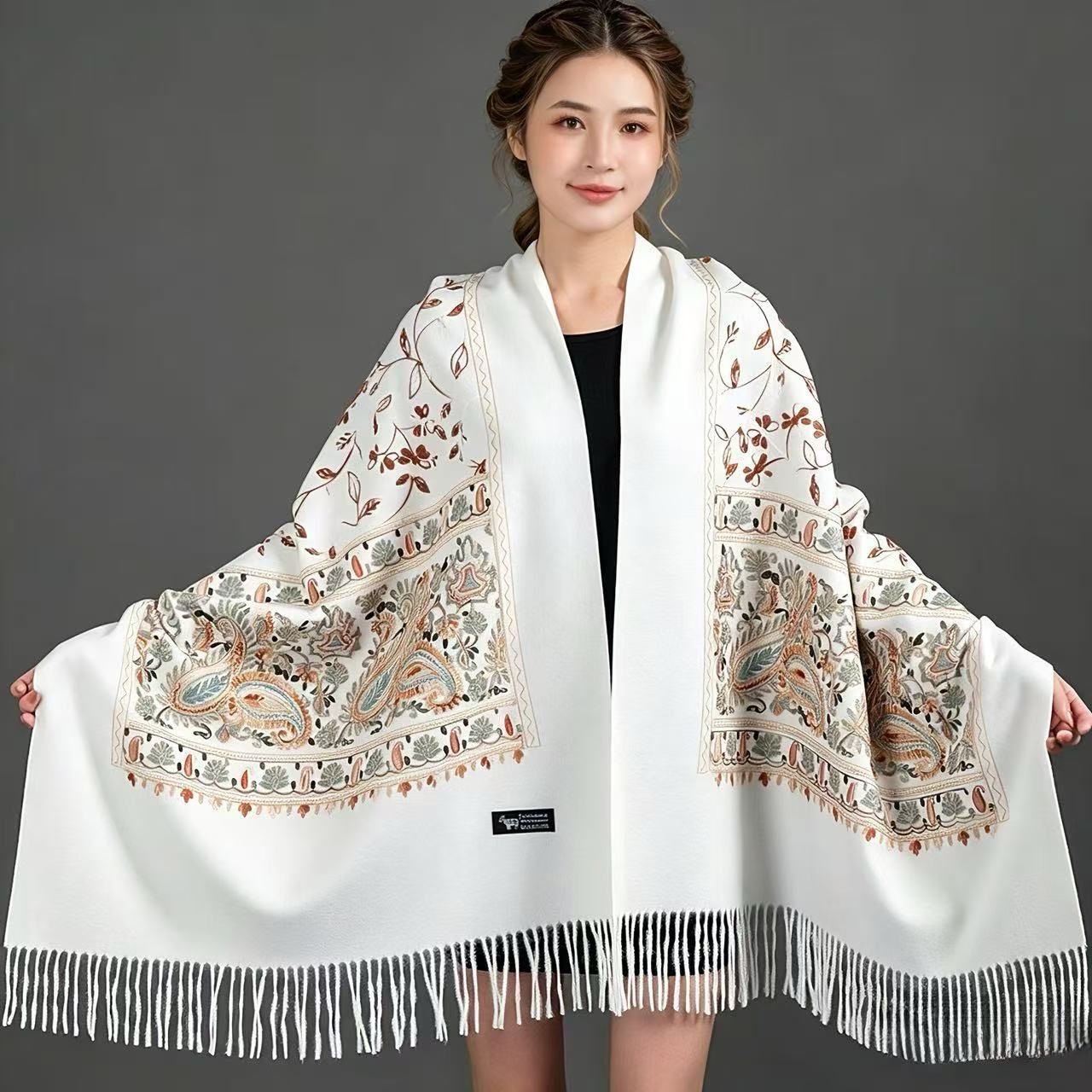 European-American Style Auspicious Embroidered Shawl Scarf, High-End Autumn & Winter Warm Outfit(navy blue) - Image 3
