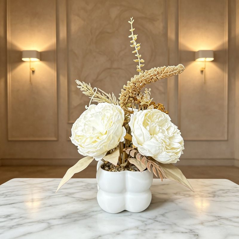Light luxury simulated peony potted plant, handcrafted petals realistic and full, pumpkin planter round and versatile, no maintenance ready to display upon opening, brightens up new Chinese-style home spaces.(white) - Image 1