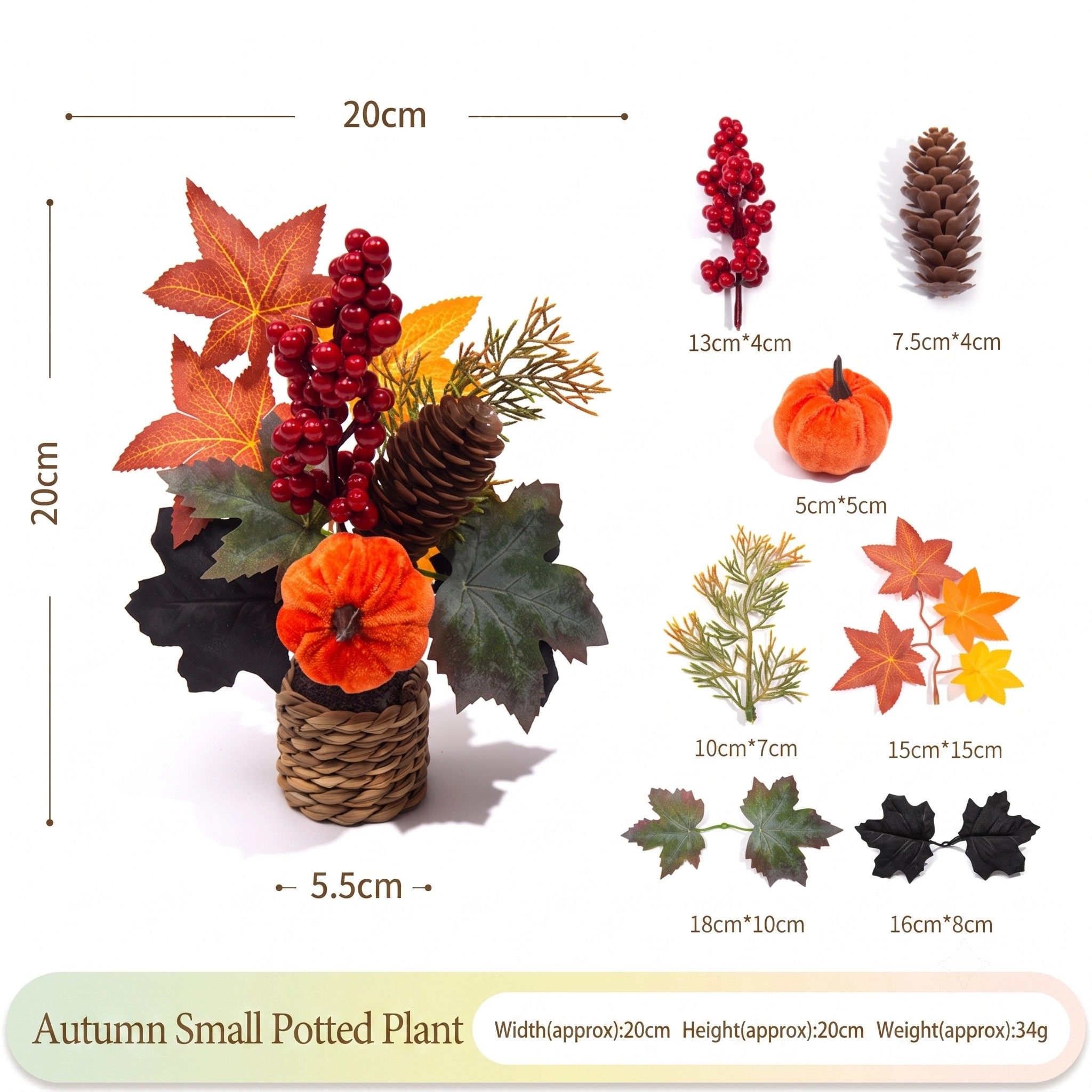 Autumn artificial mini potted plant, woven basket paired with sunflowers, pumpkins, and maple leaves, full and realistic petals, no maintenance required, adding warm autumn vibes to your home./34G model - Image 1
