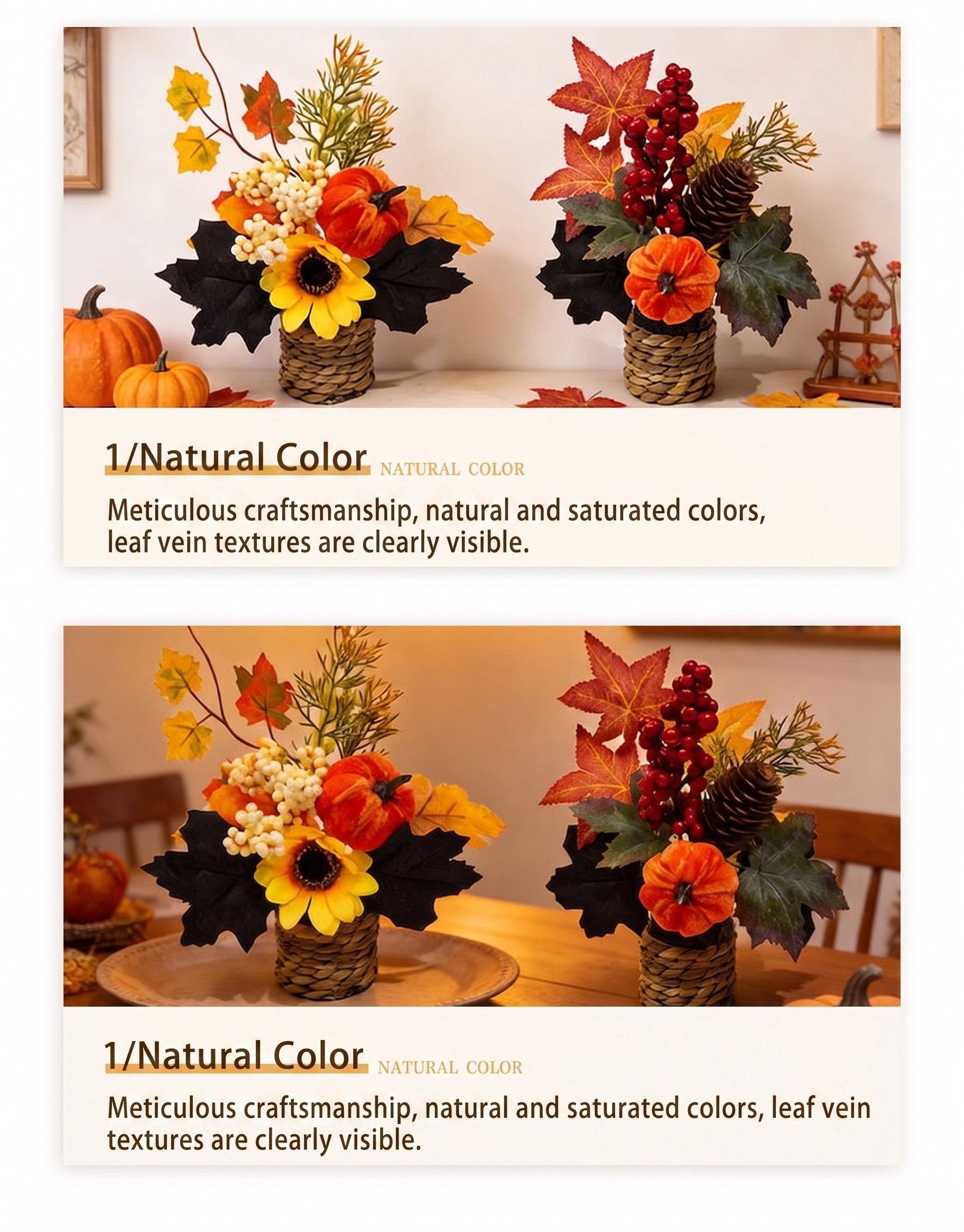 Autumn artificial mini potted plant, woven basket paired with sunflowers, pumpkins, and maple leaves, full and realistic petals, no maintenance required, adding warm autumn vibes to your home./34G model - Image 8