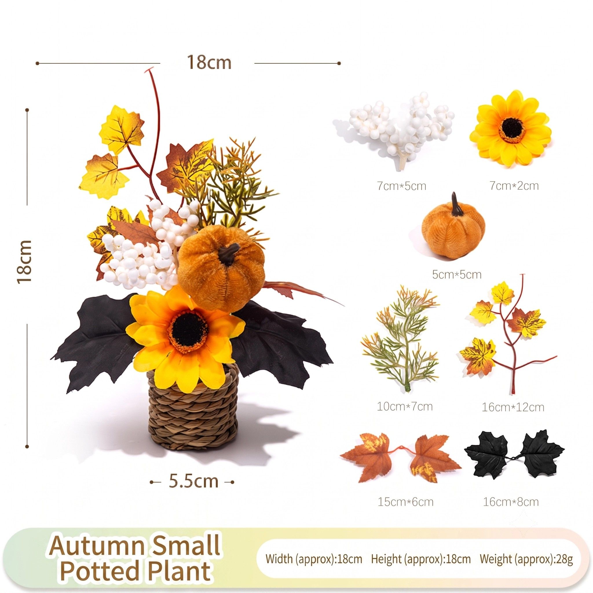 Autumn artificial mini potted plant, woven basket paired with sunflowers, pumpkins, and maple leaves, full and realistic petals, no maintenance required, adding warm autumn vibes to your home./28G model - Image 1