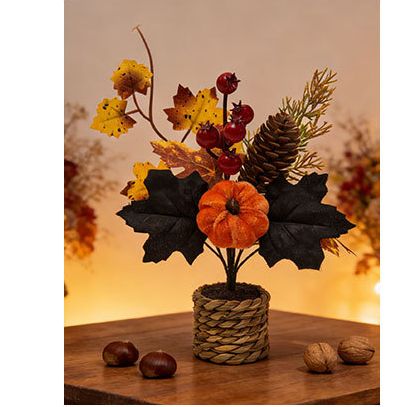 Autumn artificial mini potted plant, woven basket paired with sunflowers, pumpkins, and maple leaves, full and realistic petals, no maintenance required, adding warm autumn vibes to your home./28G model - Image 6