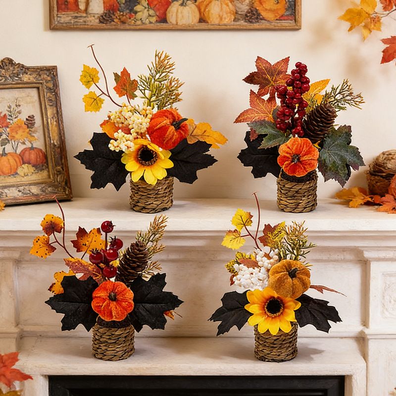 Autumn artificial mini potted plant, woven basket paired with sunflowers, pumpkins, and maple leaves, full and realistic petals, no maintenance required, adding warm autumn vibes to your home./32G model - Image 3