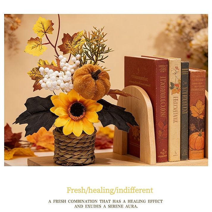 Autumn artificial mini potted plant, woven basket paired with sunflowers, pumpkins, and maple leaves, full and realistic petals, no maintenance required, adding warm autumn vibes to your home./32G model - Image 5