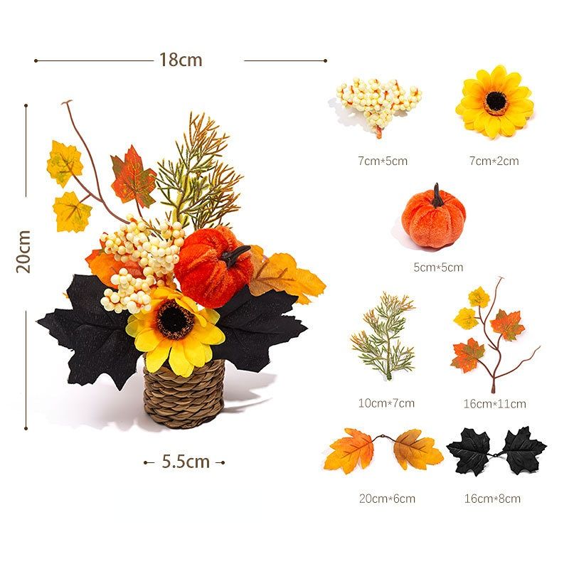 Autumn artificial mini potted plant, woven basket paired with sunflowers, pumpkins, and maple leaves, full and realistic petals, no maintenance required, adding warm autumn vibes to your home./30G model - Image 1