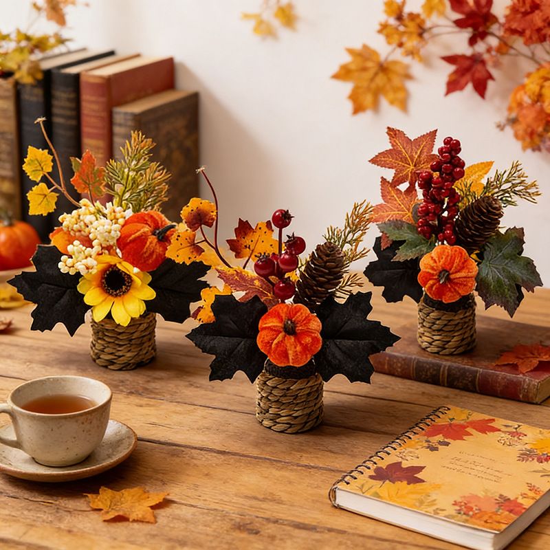 Autumn artificial mini potted plant, woven basket paired with sunflowers, pumpkins, and maple leaves, full and realistic petals, no maintenance required, adding warm autumn vibes to your home./30G model - Image 2