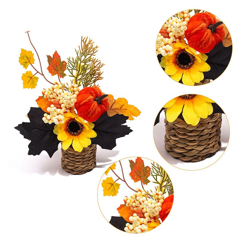 Autumn artificial mini potted plant, woven basket paired with sunflowers, pumpkins, and maple leaves, full and realistic petals, no maintenance required, adding warm autumn vibes to your home./30G model - Image 5