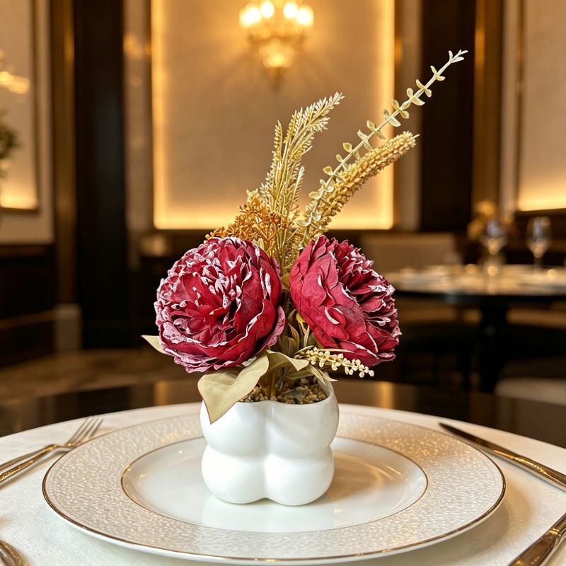 Light luxury simulated peony potted plant, handcrafted petals realistic and full, pumpkin planter round and versatile, no maintenance ready to display upon opening, brightens up new Chinese-style home spaces.(wine red) - Image 1