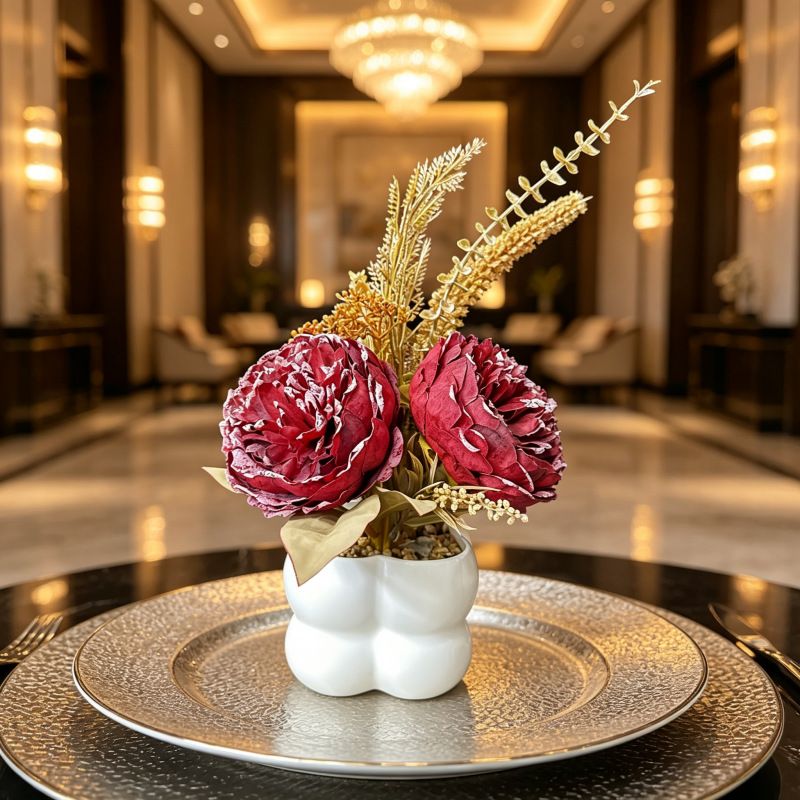 Light luxury simulated peony potted plant, handcrafted petals realistic and full, pumpkin planter round and versatile, no maintenance ready to display upon opening, brightens up new Chinese-style home spaces.(wine red) - Image 2