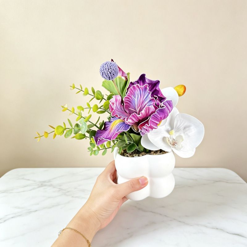Simulated iris potted plant, floral artistry vibrant and colorful, pumpkin planter round and versatile, no maintenance ready to display upon opening, brightens up new Chinese-style and light luxury home spaces.(WHITE) - Image 7