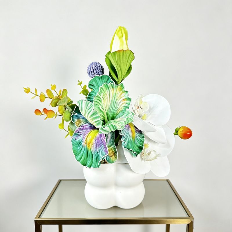Simulated iris potted plant, floral artistry vibrant and colorful, pumpkin planter round and versatile, no maintenance ready to display upon opening, brightens up new Chinese-style and light luxury home spaces.(GREEN) - Image 1