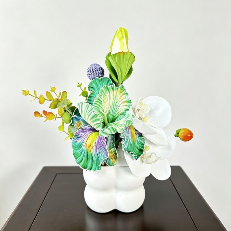 Simulated iris potted plant, floral artistry vibrant and colorful, pumpkin planter round and versatile, no maintenance ready to display upon opening, brightens up new Chinese-style and light luxury home spaces.(GREEN) - Image 5