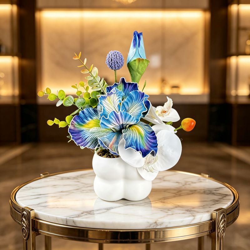 Simulated iris potted plant, floral artistry vibrant and colorful, pumpkin planter round and versatile, no maintenance ready to display upon opening, brightens up new Chinese-style and light luxury home spaces.(pale bluish green) - Image 1