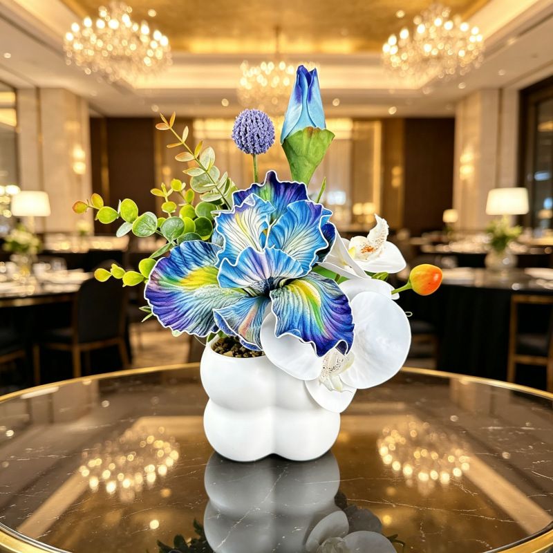 Simulated iris potted plant, floral artistry vibrant and colorful, pumpkin planter round and versatile, no maintenance ready to display upon opening, brightens up new Chinese-style and light luxury home spaces.(pale bluish green) - Image 2