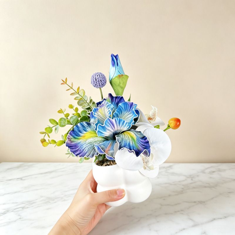 Simulated iris potted plant, floral artistry vibrant and colorful, pumpkin planter round and versatile, no maintenance ready to display upon opening, brightens up new Chinese-style and light luxury home spaces.(pale bluish green) - Image 3