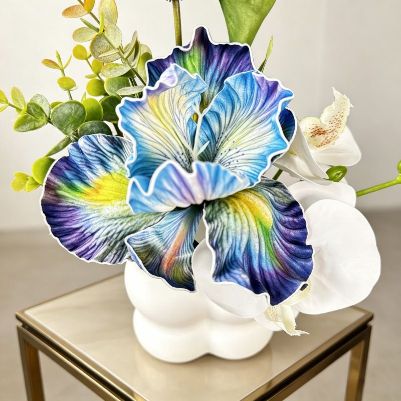 Simulated iris potted plant, floral artistry vibrant and colorful, pumpkin planter round and versatile, no maintenance ready to display upon opening, brightens up new Chinese-style and light luxury home spaces.(pale bluish green) - Image 4