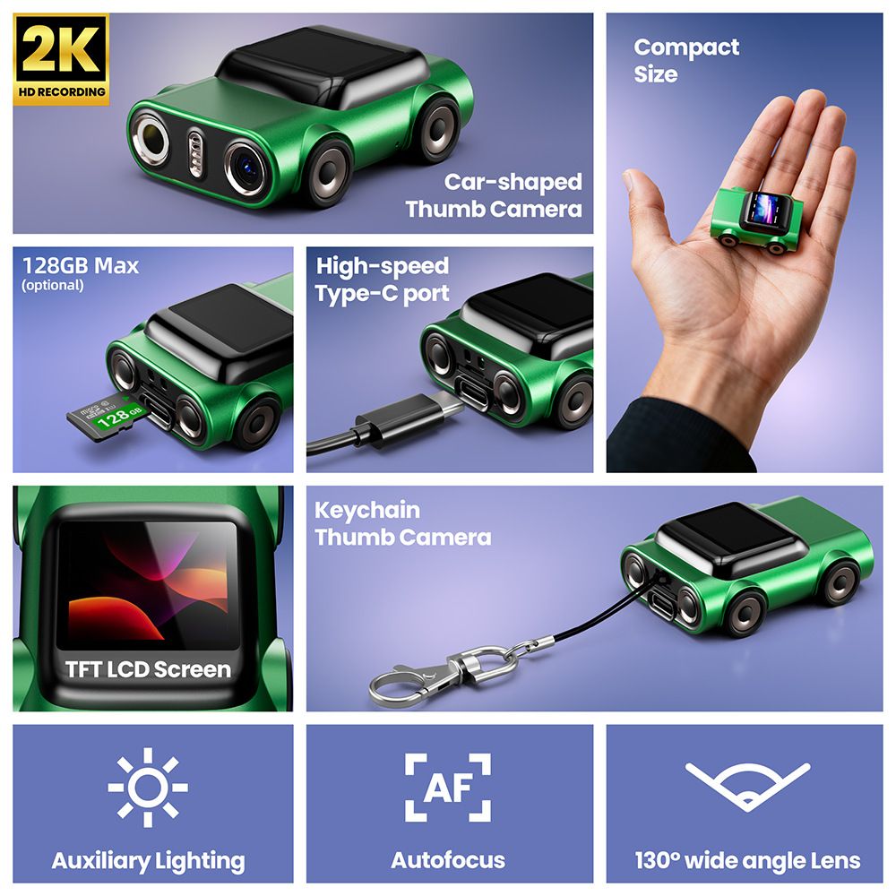 Creative Car-Shaped 2K HD Thumb Camera: Mini & Portable, Auto Focus, Clear in Low Light, Captures Every Wonderful Moment of Childhood and Life(G5 white 32 memory card） - Image 5