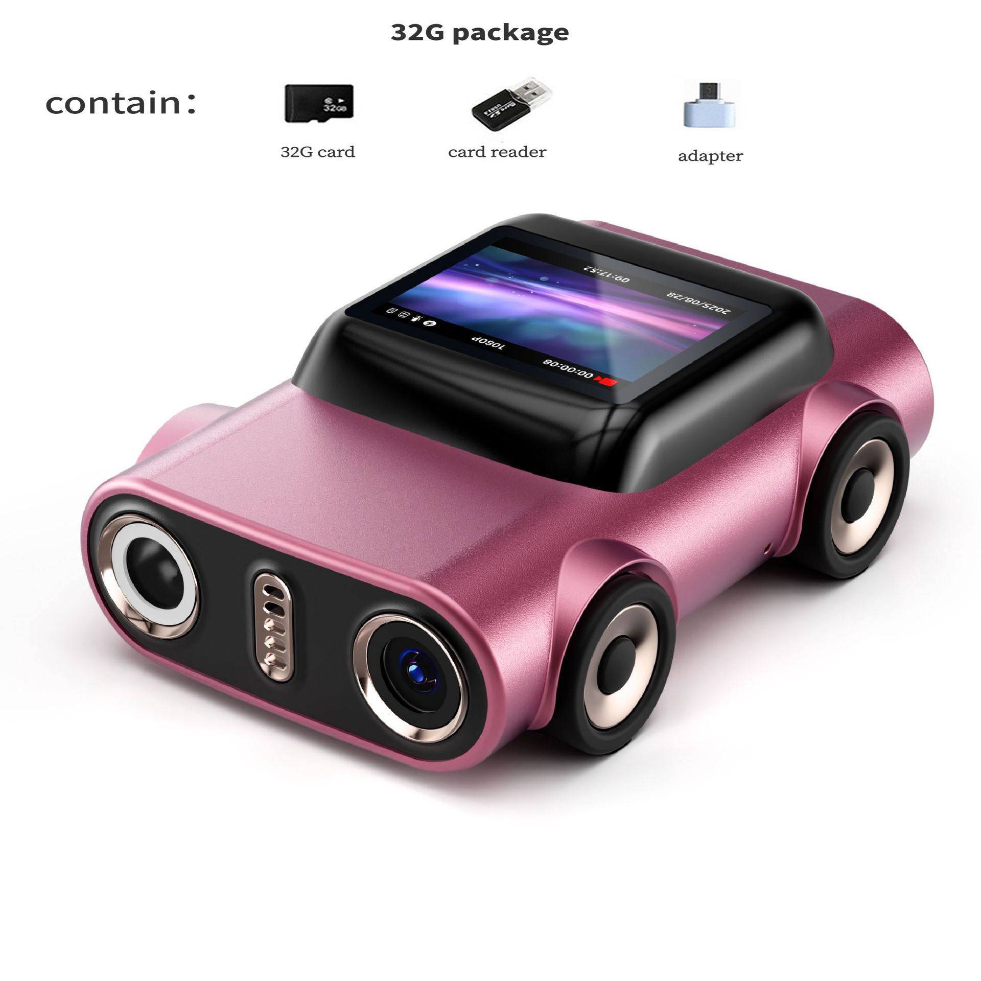 Creative Car-Shaped 2K HD Thumb Camera: Mini & Portable, Auto Focus, Clear in Low Light, Captures Every Wonderful Moment of Childhood and Life(G5 Rose Red 32G Memory Card） - Image 1