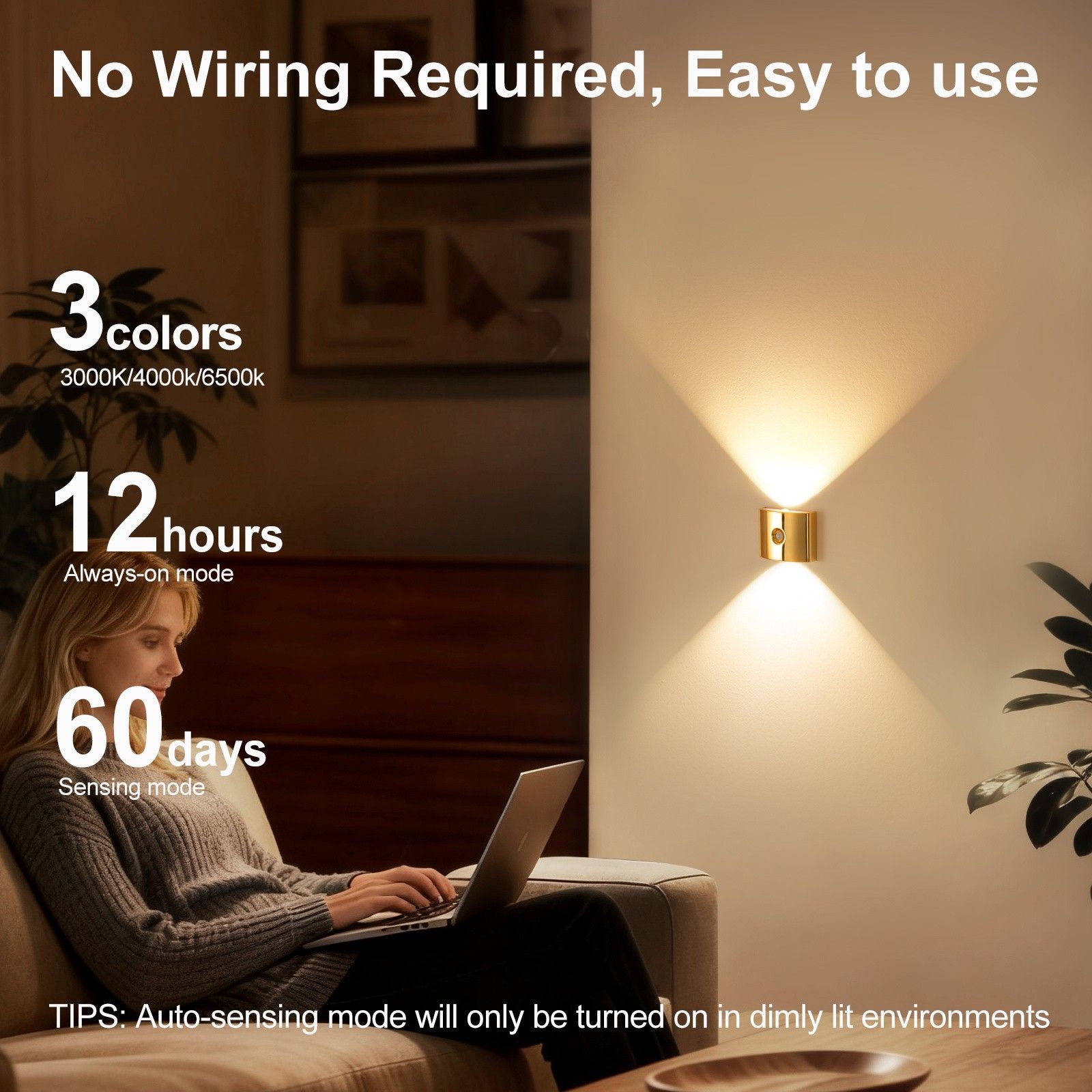 1PCS Induction wall lamp with three-color stepless dimming, 120° auto shut-off, USB rechargeable magnetic installation. Smart motion-sensing LED wall lamp, serving as both a night light and an ambient light./Chrome color - Image 3