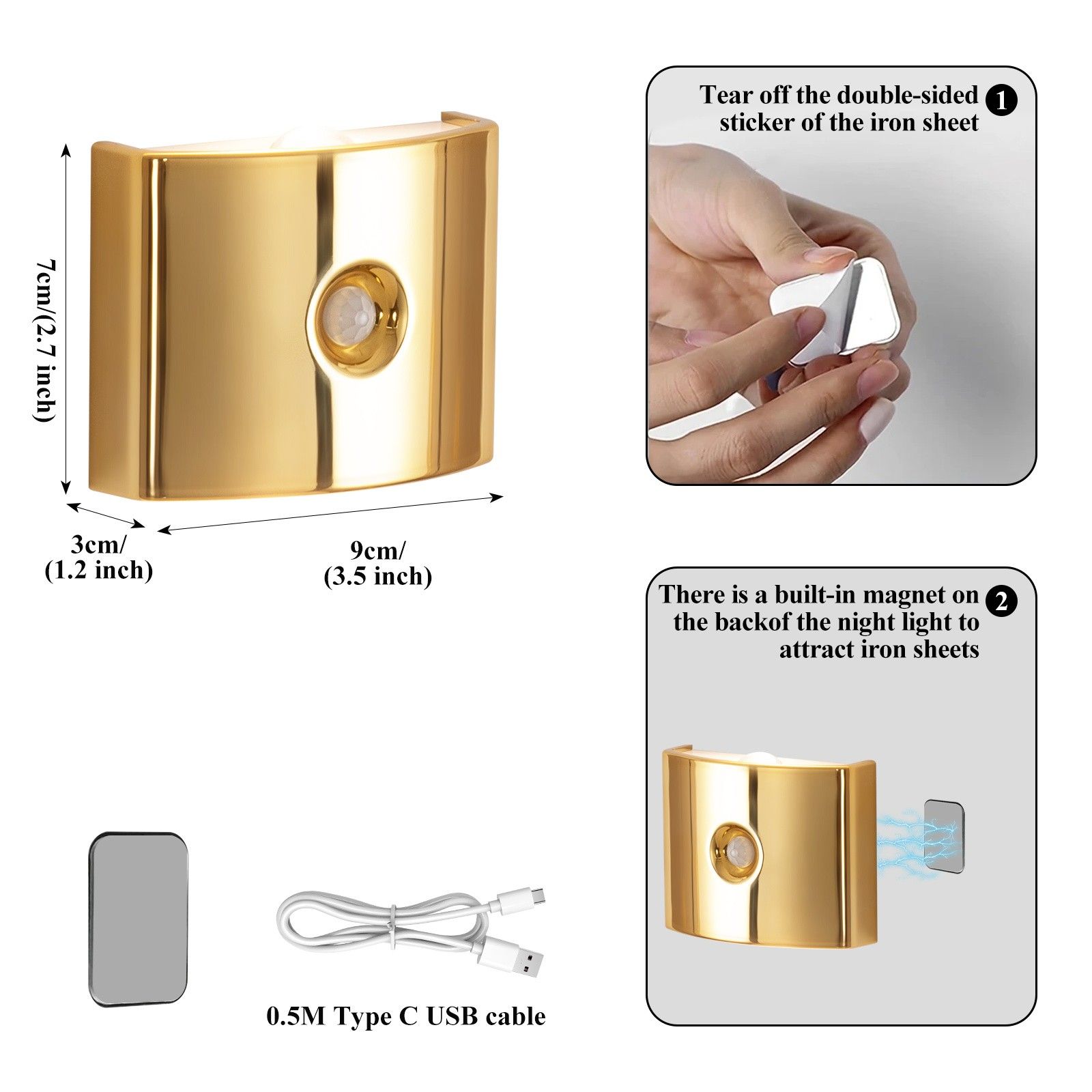 1PCS Induction wall lamp with three-color stepless dimming, 120° auto shut-off, USB rechargeable magnetic installation. Smart motion-sensing LED wall lamp, serving as both a night light and an ambient light./Chrome color - Image 8