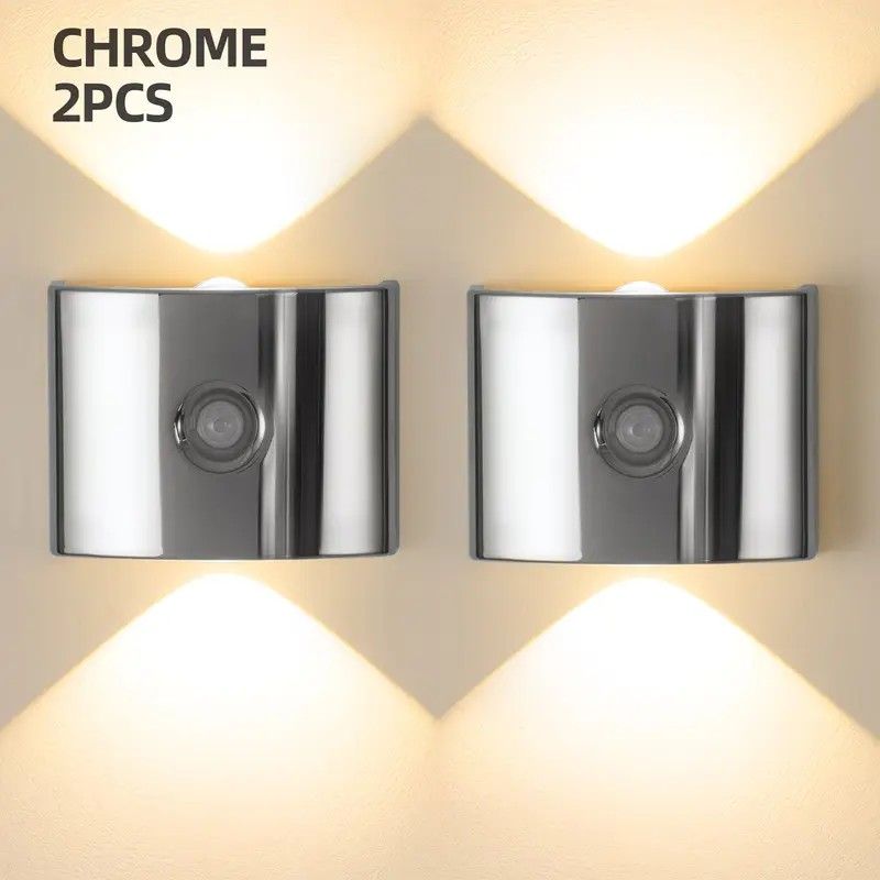 2PCS Induction wall lamp with three-color stepless dimming, 120° auto shut-off, USB rechargeable magnetic installation. Smart motion-sensing LED wall lamp, serving as both a night light and an ambient light./Chrome color - Image 1