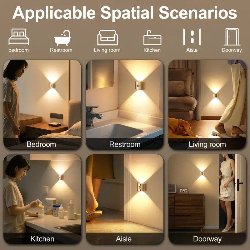 2PCS Induction wall lamp with three-color stepless dimming, 120° auto shut-off, USB rechargeable magnetic installation. Smart motion-sensing LED wall lamp, serving as both a night light and an ambient light./Chrome color - Image 5