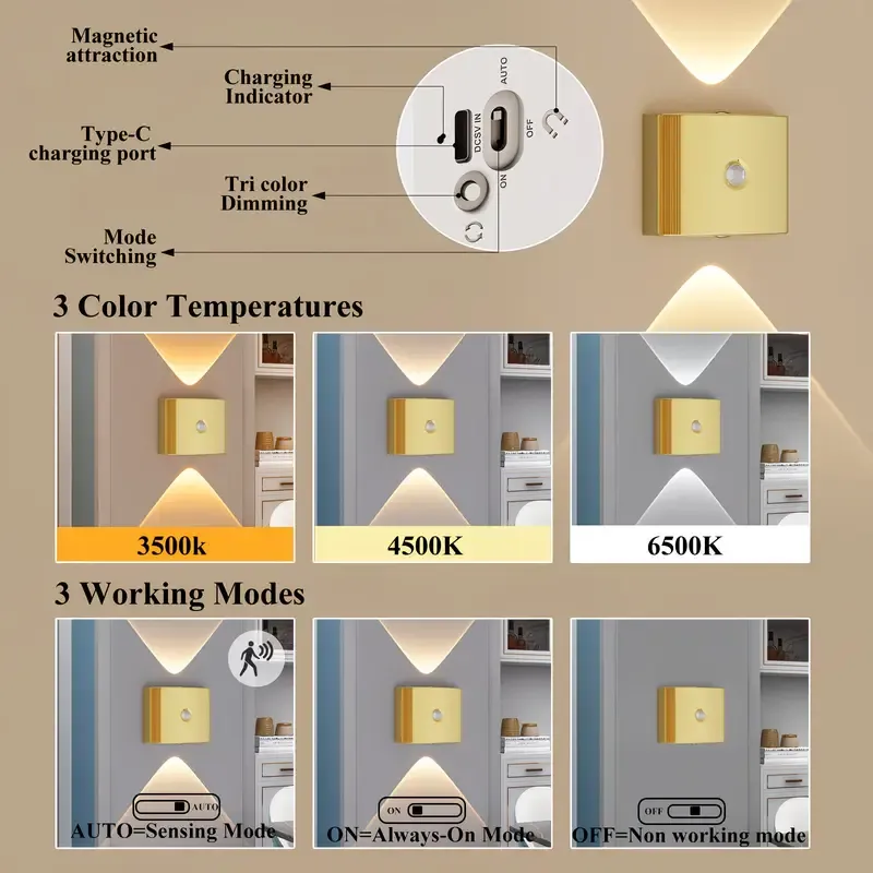 2PCS Induction wall lamp with three-color stepless dimming, 120° auto shut-off, USB rechargeable magnetic installation. Smart motion-sensing LED wall lamp, serving as both a night light and an ambient light./Chrome color - Image 7