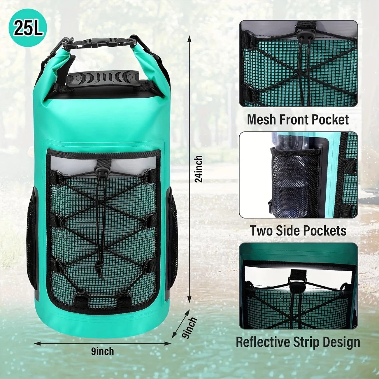 25L Large Capacity Waterproof Backpack Double Layer Rainproof Dry Wet Separation Abrasion Resistant Night Reflective for Outdoor Camping Kayaking Surfing Canyoning Daily Commute(ching; cyan) - Image 2