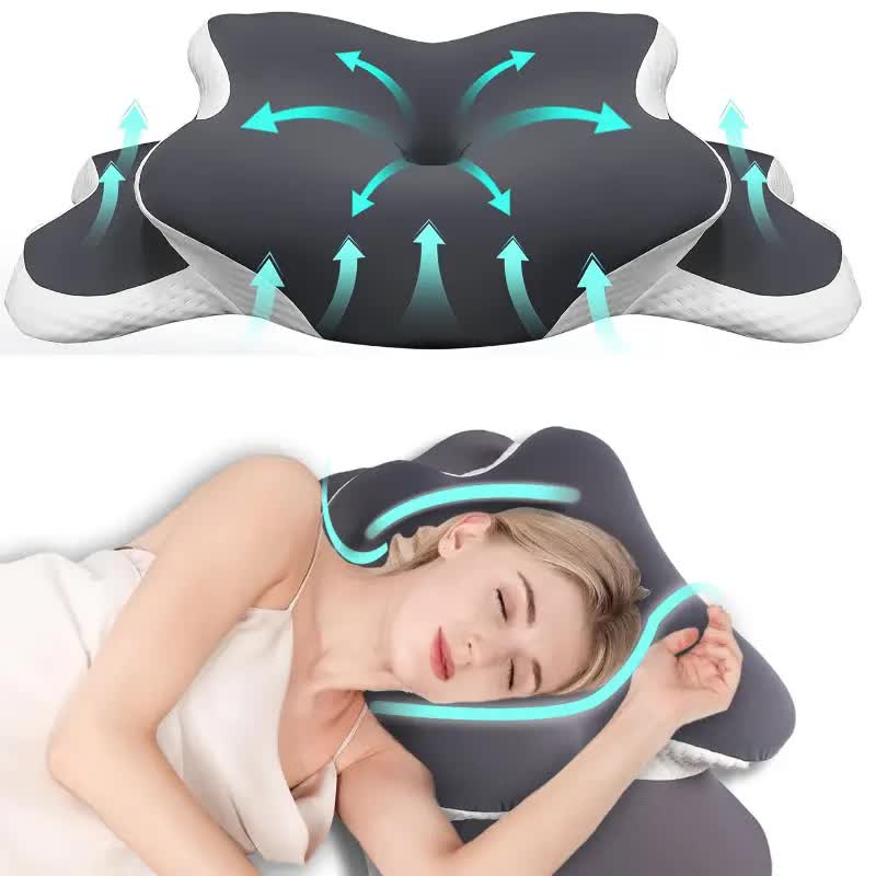 Dark grey  Ergonomic Memory Foam Butterfly Neck Pillow, C-shaped/Dual Height Adjustable, with Transparent Lid Support – for Side Sleeping, Back Sleeping, and Pillow-Assisted Sleep, Ideal for Travel and Bed Use - Image 1