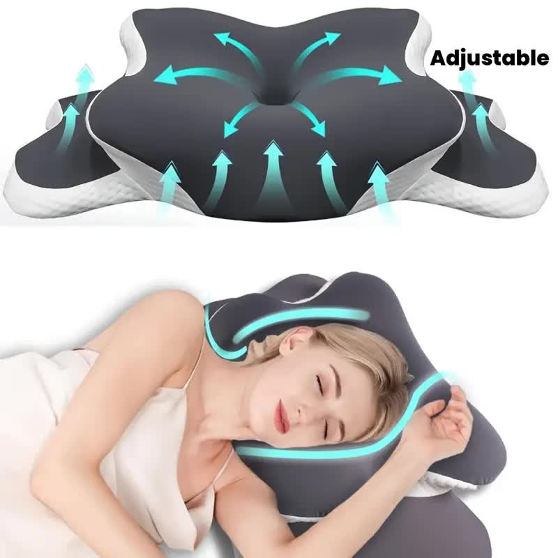Dark grey  Ergonomic Memory Foam Butterfly Neck Pillow, C-shaped/Dual Height Adjustable, with Transparent Lid Support – for Side Sleeping, Back Sleeping, and Pillow-Assisted Sleep, Ideal for Travel and Bed Use - Image 2