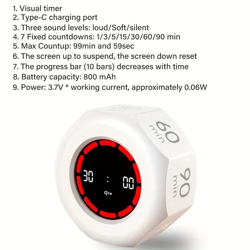 Flip to Start Timing, Efficiency Tool! 7 Presets + Visualized Progress, Gravity Sensor Timer, Universal for Study/Kitchen/Fitness/Baking(WHITE) - Image 7