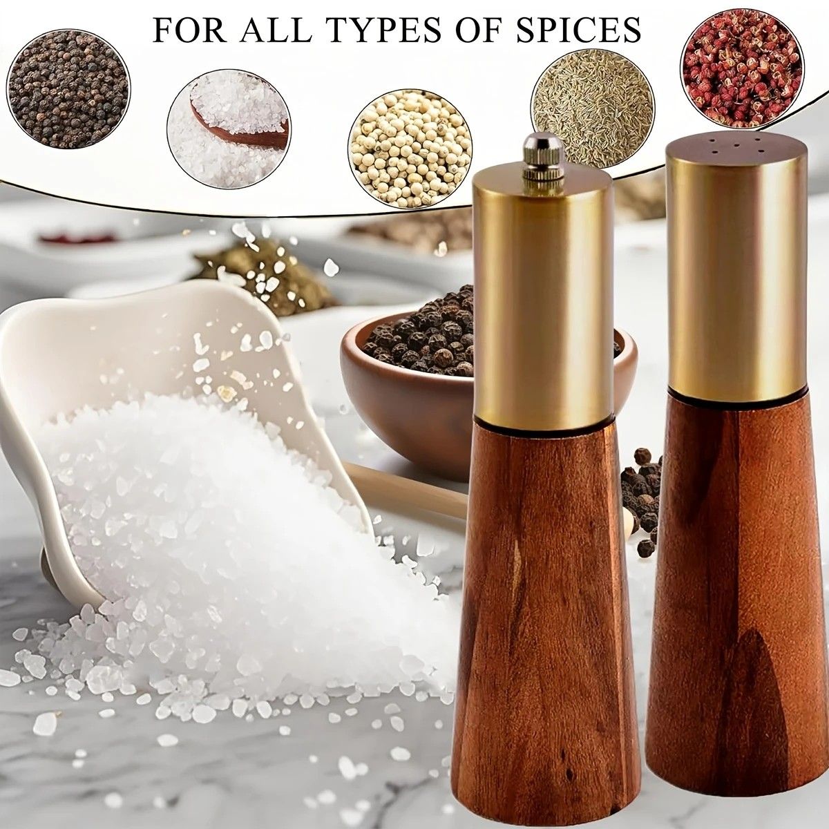 Salt and Pepper Grinder Set with Wooden Base Stainless Steel Manual Salt and Pepper Mills Adjustable Coarseness for Kitchen BBQ Picnic.golden - Image 2