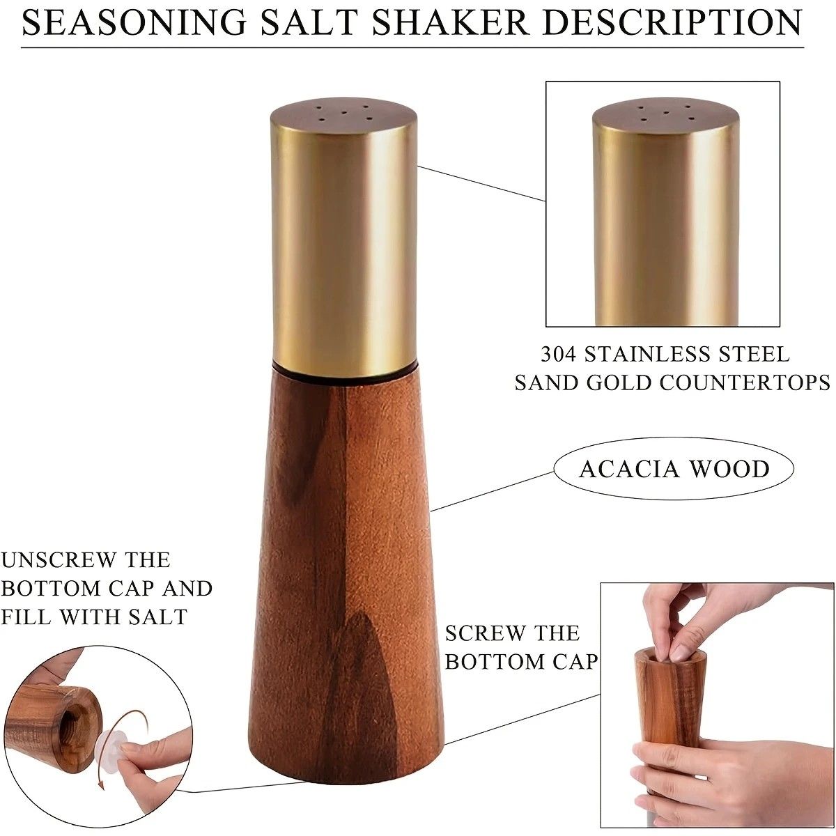 Salt and Pepper Grinder Set with Wooden Base Stainless Steel Manual Salt and Pepper Mills Adjustable Coarseness for Kitchen BBQ Picnic.golden - Image 3