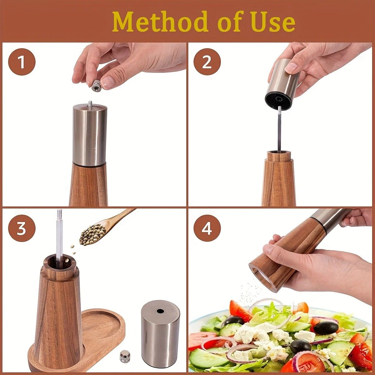 Salt and Pepper Grinder Set with Wooden Base Stainless Steel Manual Salt and Pepper Mills Adjustable Coarseness for Kitchen BBQ Picnic.golden - Image 7