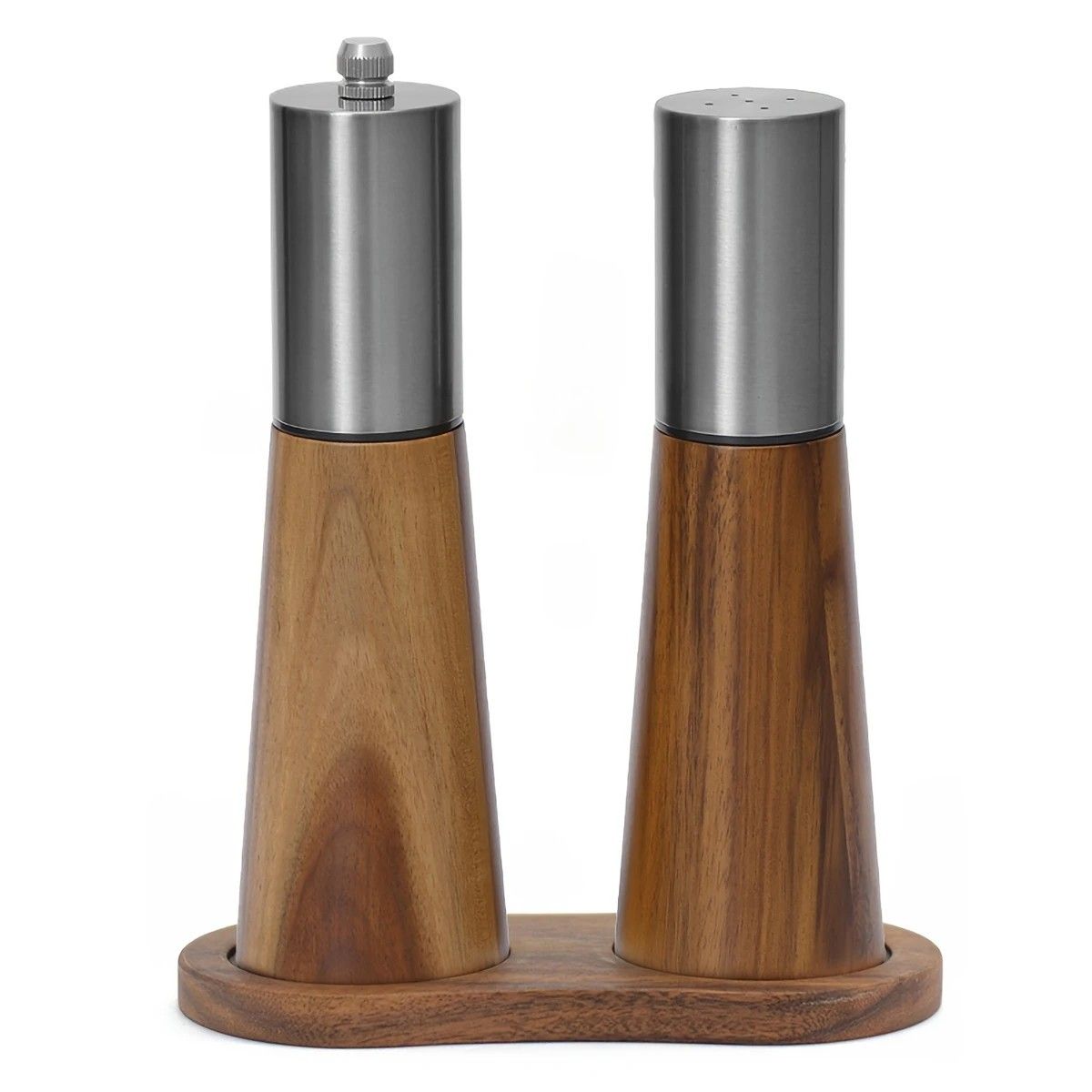 Salt and Pepper Grinder Set with Wooden Base Stainless Steel Manual Salt and Pepper Mills Adjustable Coarseness for Kitchen BBQ Picnic.(silver) - Image 1