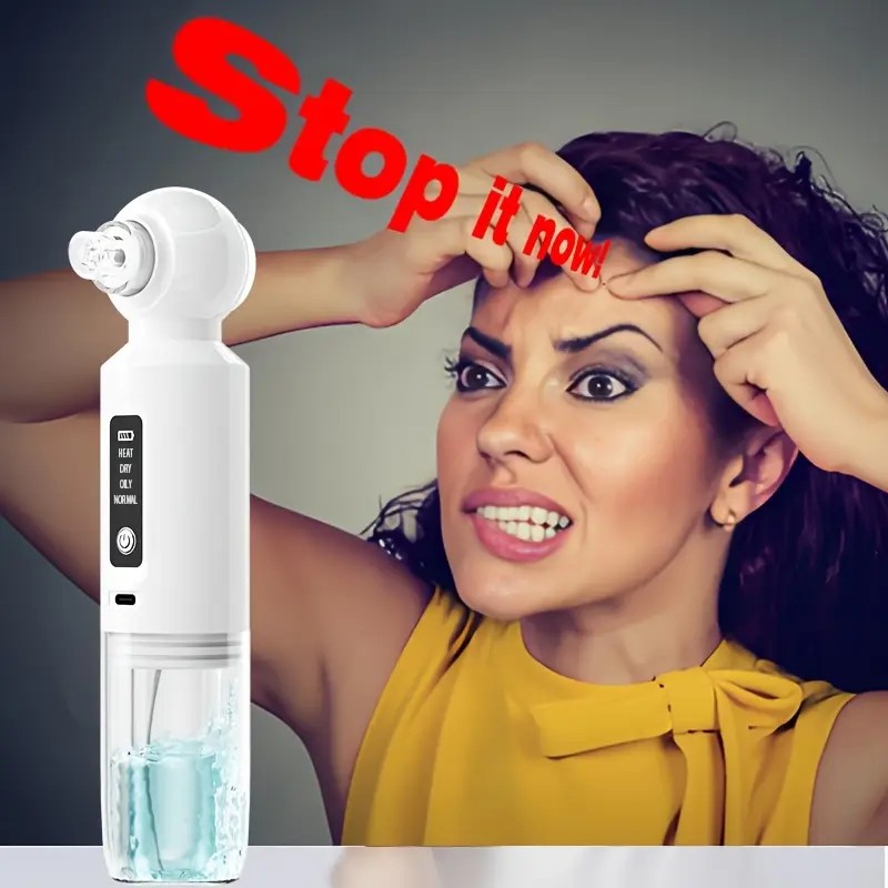 Six-head blackhead cleaner with electric vacuum suction for deep pore cleaning. USB-rechargeable mini bubble facial device features a 3-second long press to activate heating mode, maintaining a constant 46°C temperature. - Image 1
