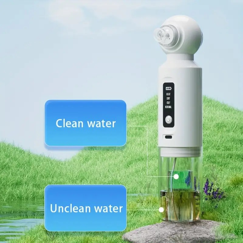 Six-head blackhead cleaner with electric vacuum suction for deep pore cleaning. USB-rechargeable mini bubble facial device features a 3-second long press to activate heating mode, maintaining a constant 46°C temperature. - Image 2