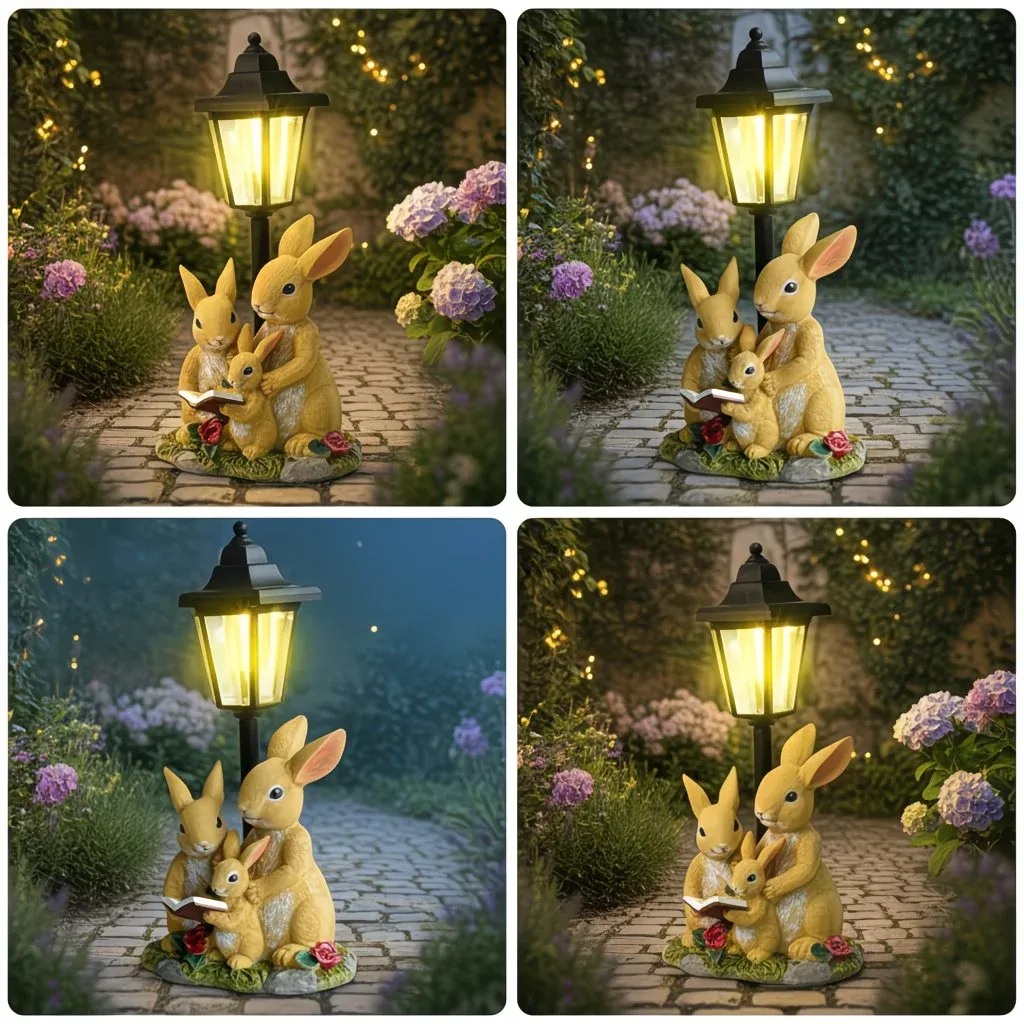 Solar Simulation Rabbit Ornament, charges by day and lights up automatically at night, three rabbits cluster around a street lamp with 