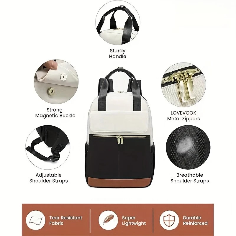 White with black Korean-style Fashion Compact Backpack, Multi-functional & Large Capacity, Lightweight & Easy to Carry, Fits Daily Commute, Lunch Outings, and Short Trips. - Image 6