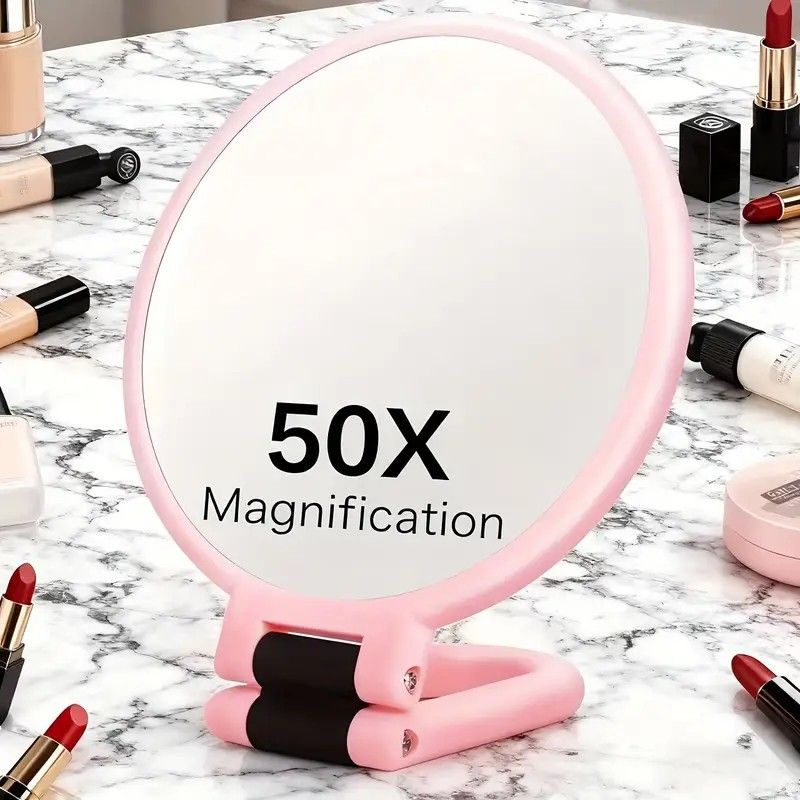 Double-sided Folding Makeup Mirror – 1X/50X Dual Magnification, 360° Rotatable and Foldable for Portability, Three Uses: Handheld, Desktop, Wall-mounted(PINK) - Image 1