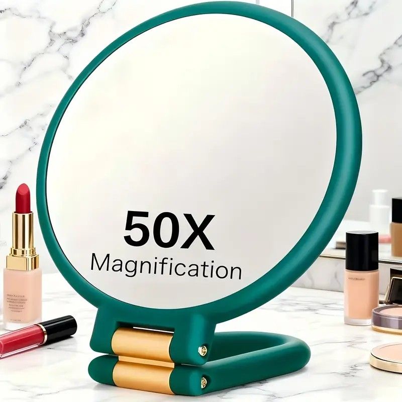 Double-sided Folding Makeup Mirror – 1X/50X Dual Magnification, 360° Rotatable and Foldable for Portability, Three Uses: Handheld, Desktop, Wall-mounted(GREEN) - Image 1