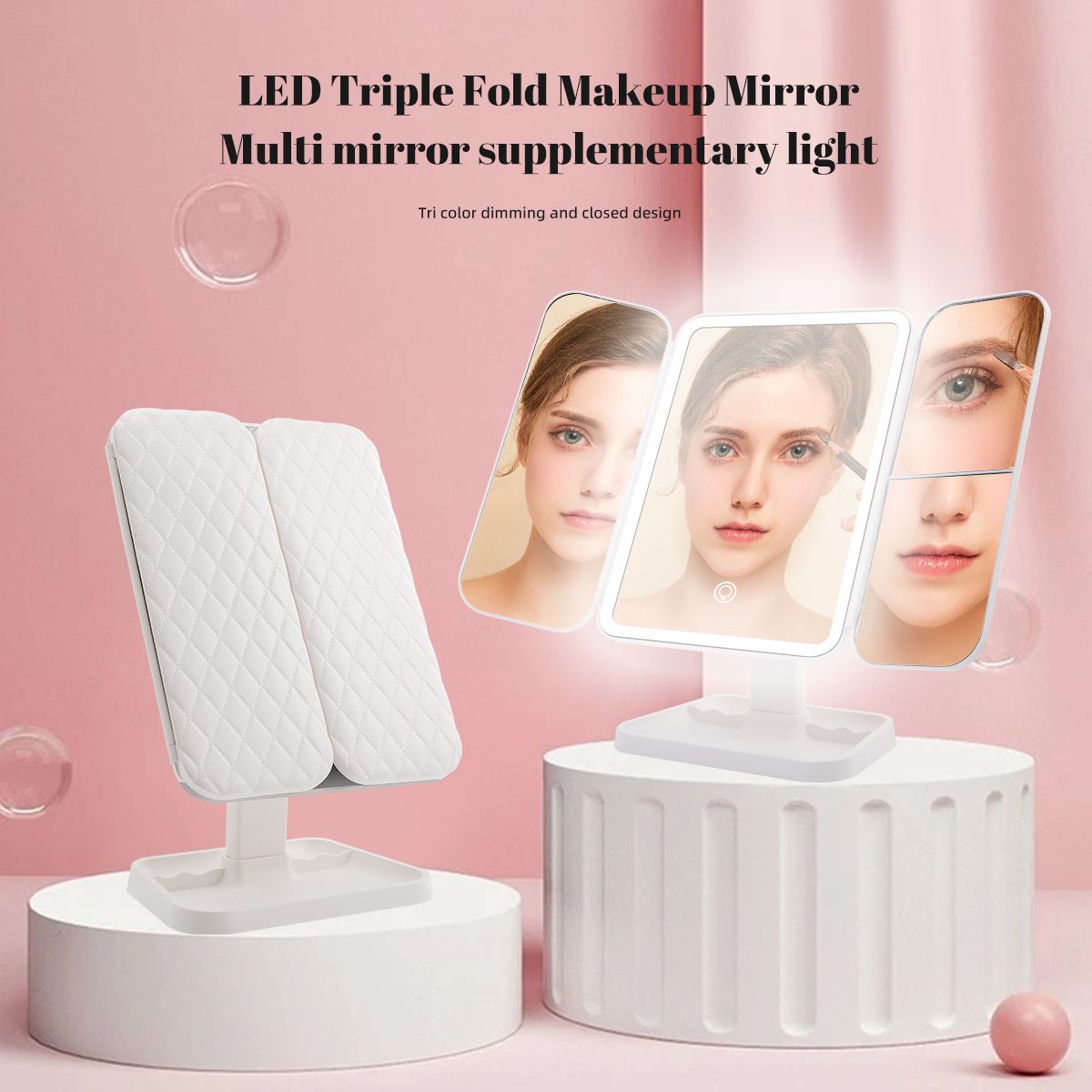 Smart Touch LED Vanity Mirror - 3 Color Dimmable Lights, 270° Adjustable, Rechargeable Desktop Makeup Mirror(white) - Image 1