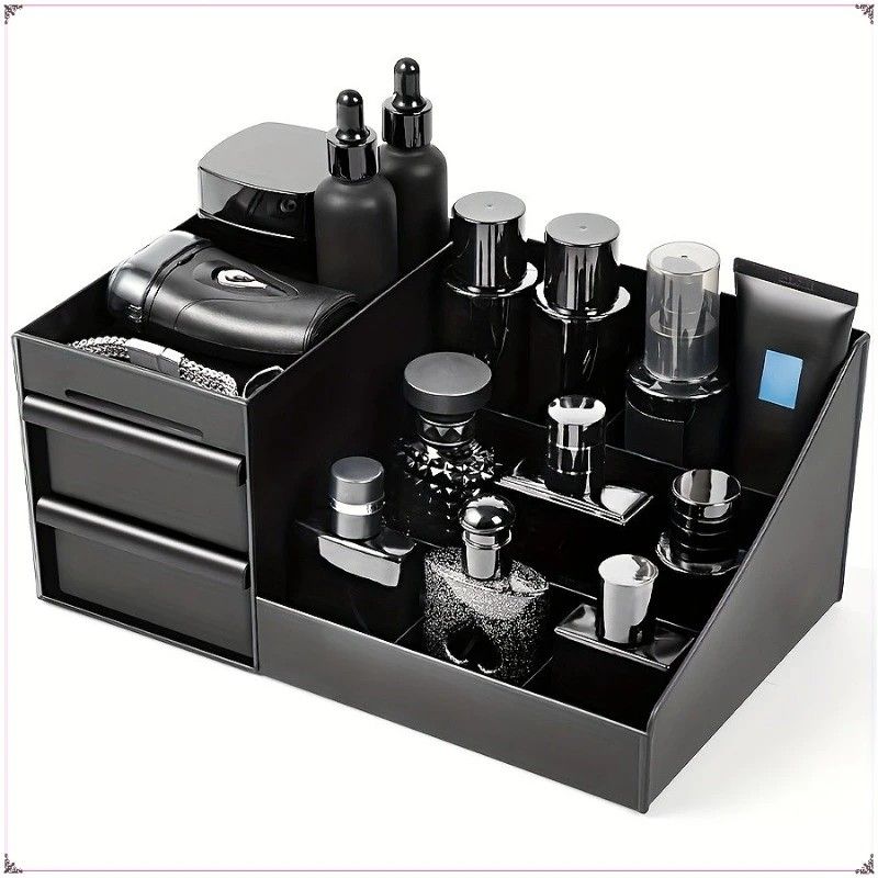 Black Mens Wash Bag & Vanity Organiser | 2 Drawer Acrylic Bathroom Storage for Grooming & Skincare - Image 1