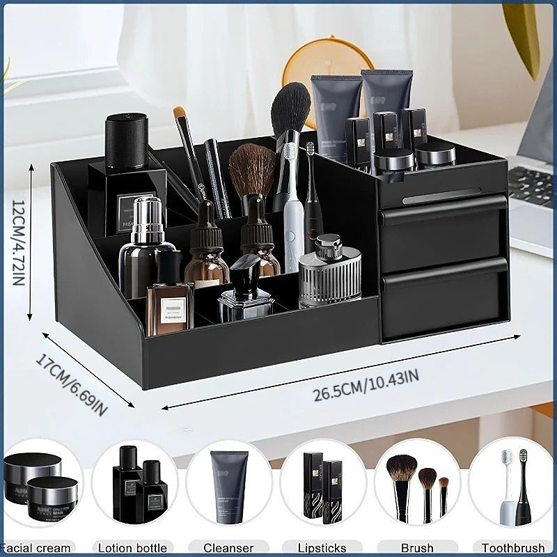 Black Mens Wash Bag & Vanity Organiser | 2 Drawer Acrylic Bathroom Storage for Grooming & Skincare - Image 4