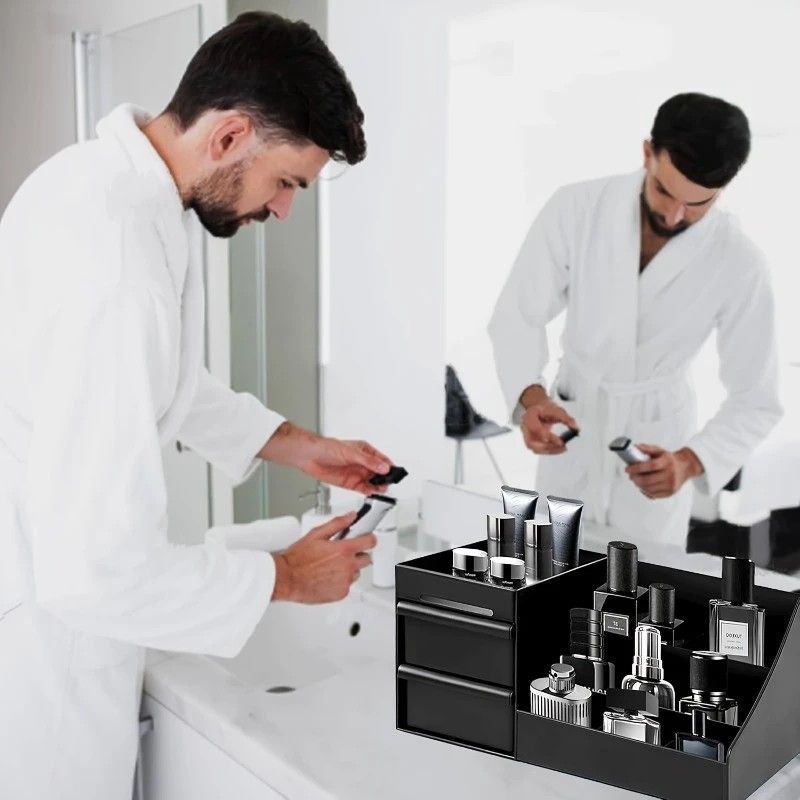 Black Mens Wash Bag & Vanity Organiser | 2 Drawer Acrylic Bathroom Storage for Grooming & Skincare - Image 6