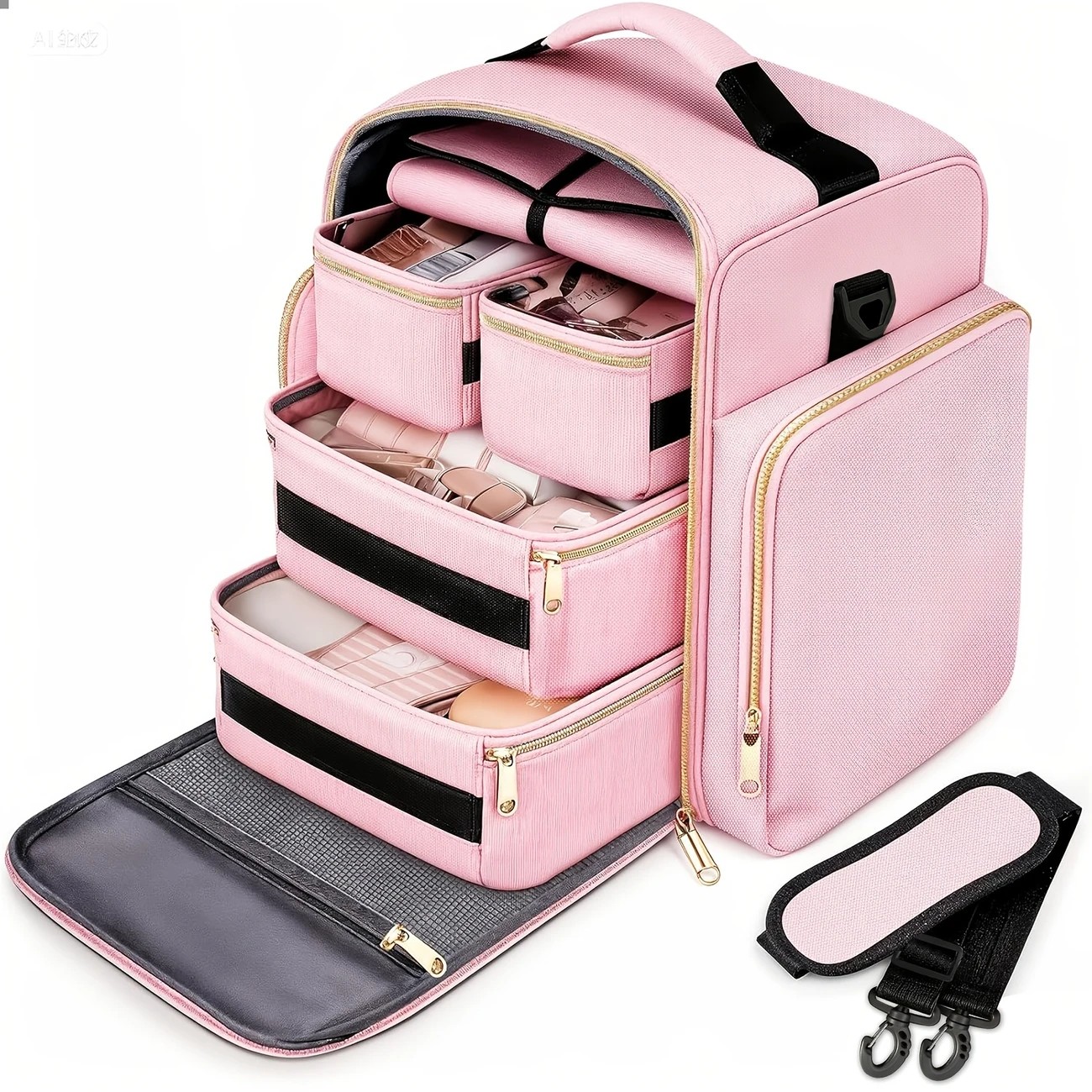 1pc Complete Travel Makeup Bag Set, Pink, Large Capacity Cosmetic Organizer with Detachable Pouch, Jewelry Storage Case - Image 1